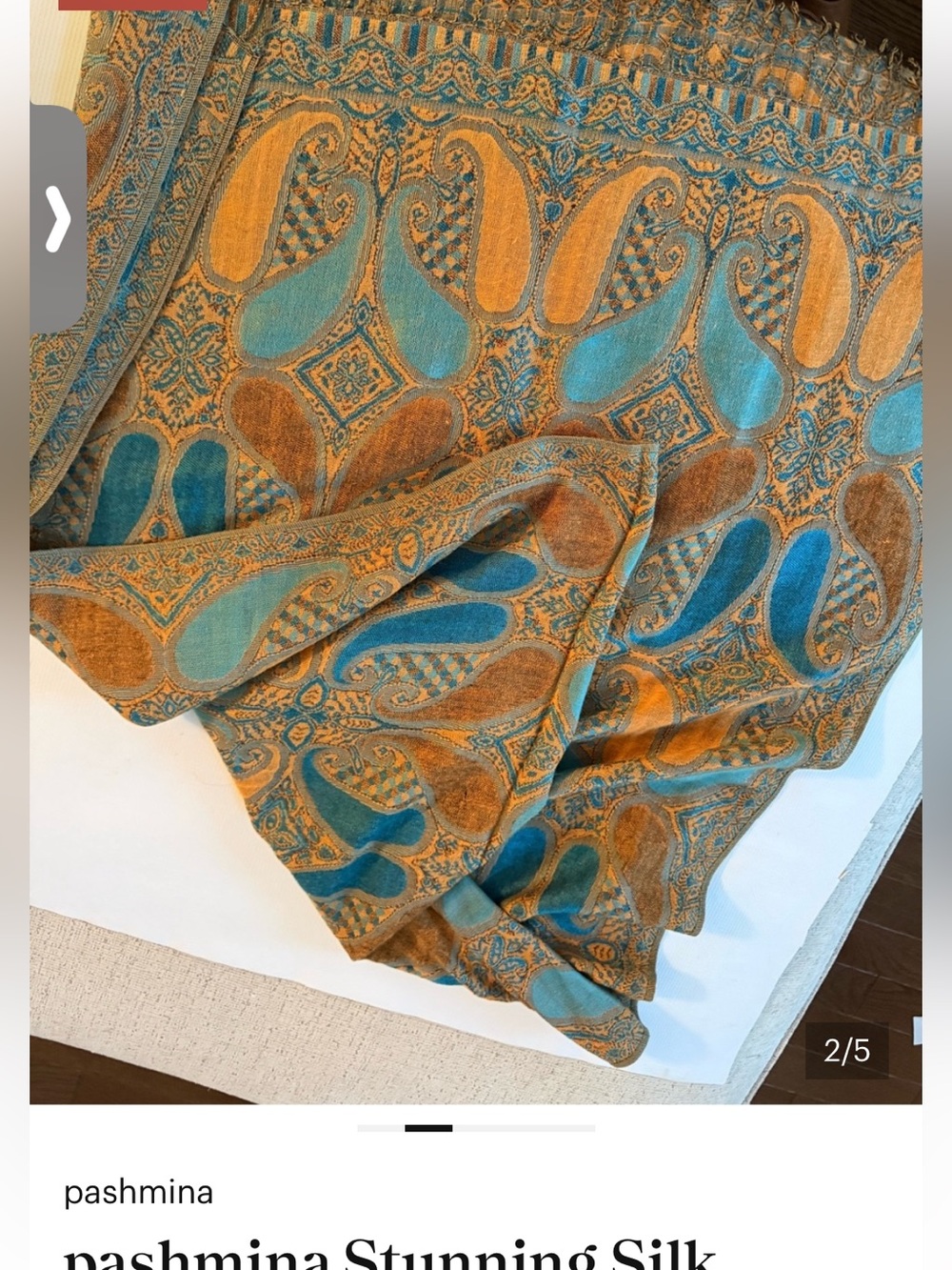 pashmina Silk Blend Teal and Mustard Paisley Pashmina Scarf - Picture 3 of 7